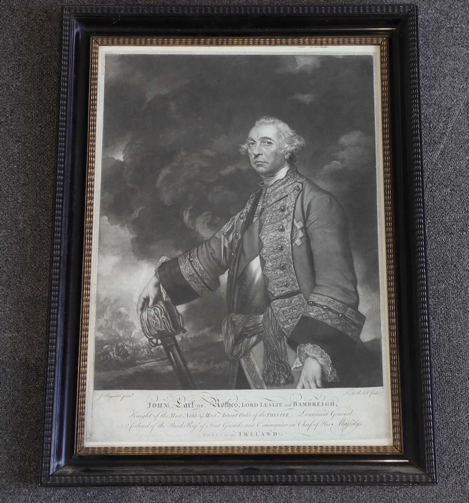 James McArdell after Sir Joshua Reynolds, mezzotint, 'Portrait of John Earl of Rothes, Lord Leslie and Bambreigh..', 1763, sheet overall 50.5 x 36cm